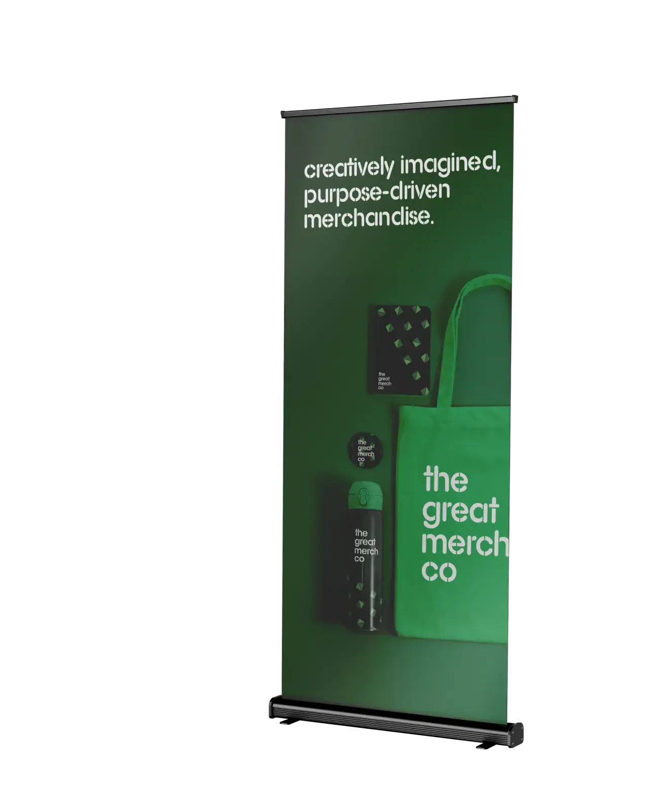 Branded event merchandise including a printed roller banner, tote bag and bottle