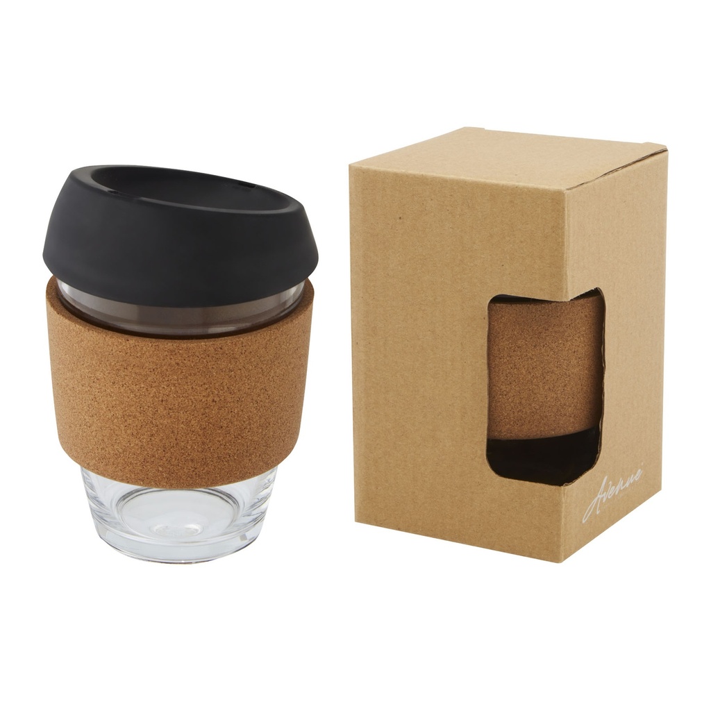 Lidan 360 ml borosilicate glass tumbler with cork grip and silicone lid