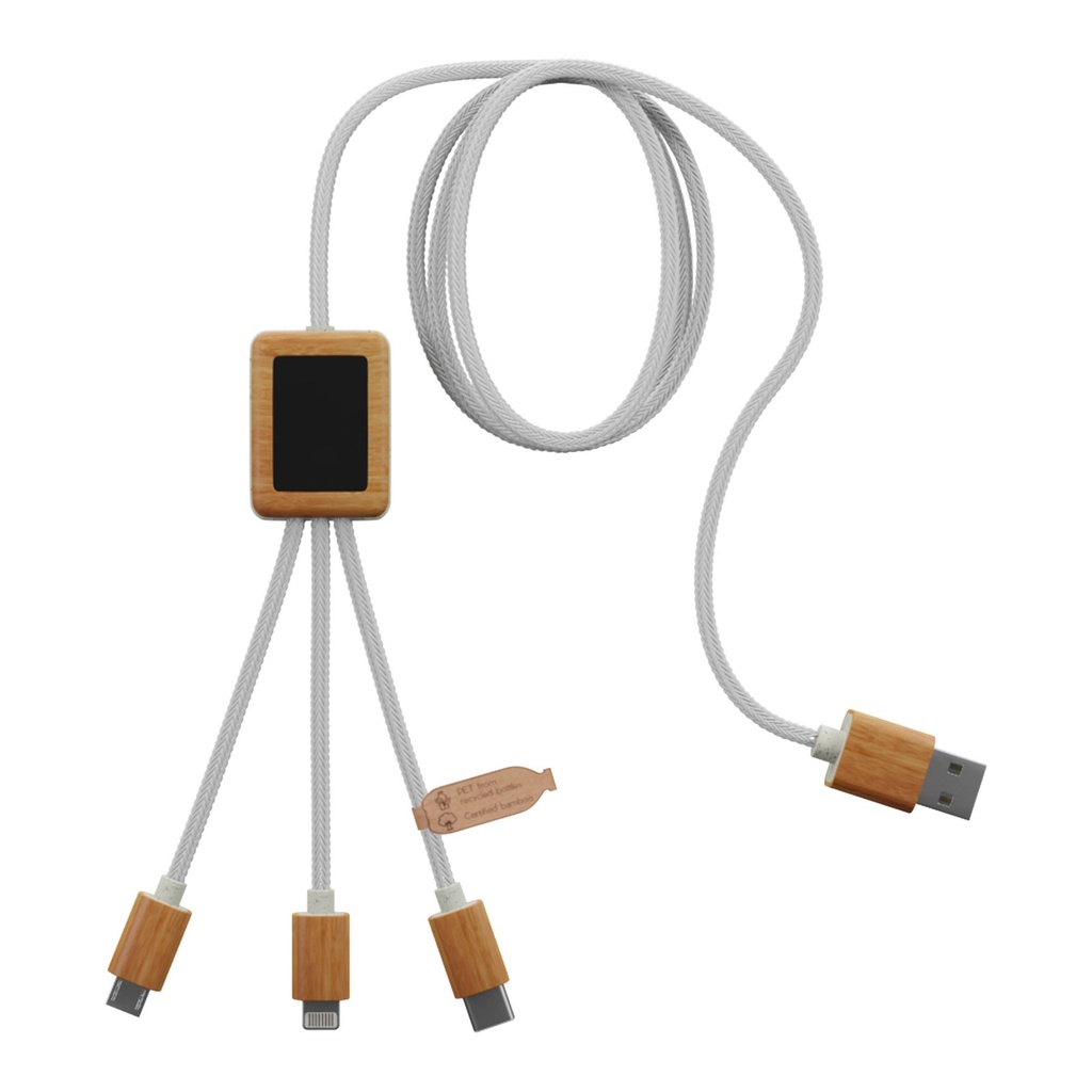 SCX.design C39 3-in-1 rPET light-up logo charging cable with squared bamboo casing