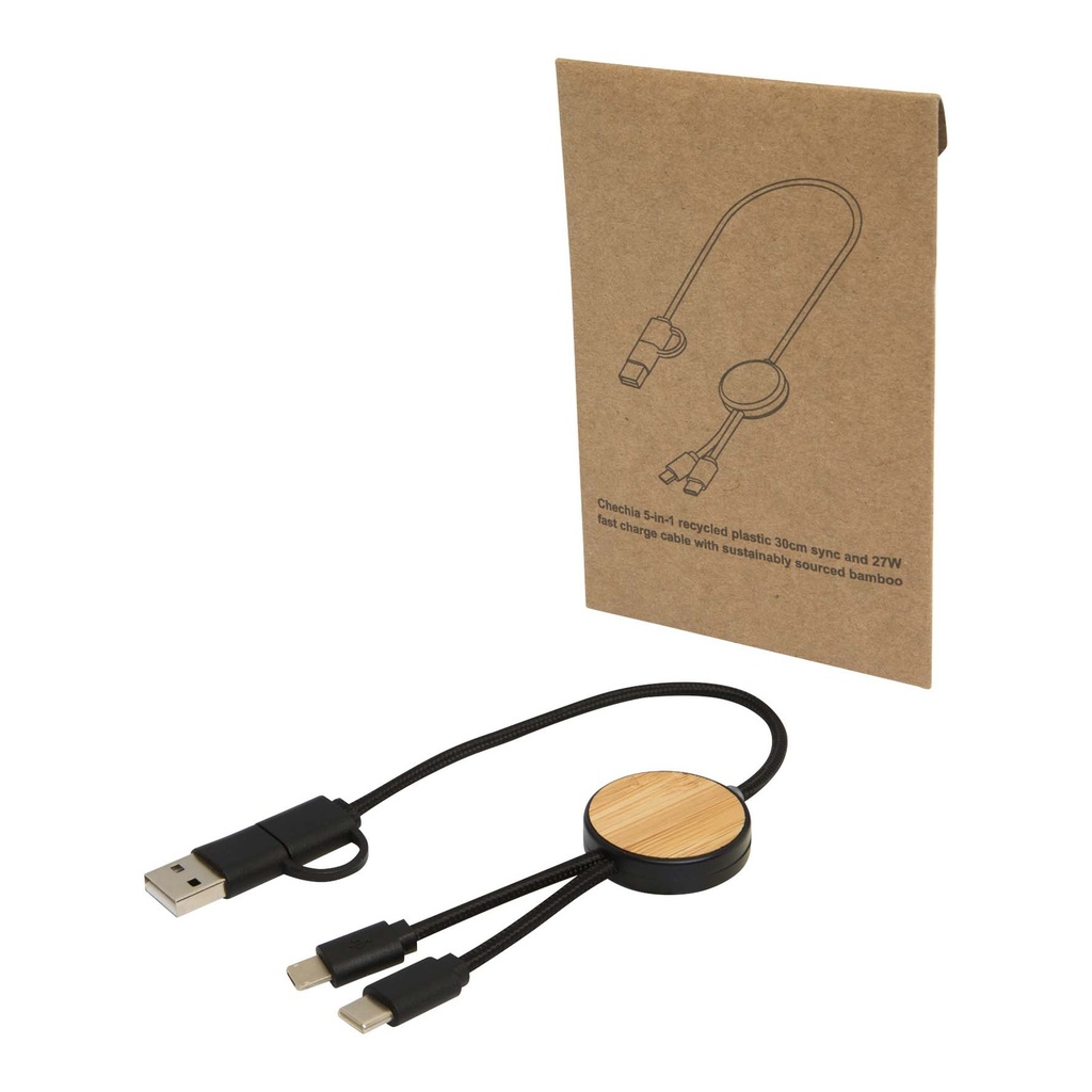 Chechia 5-in-1 recycled plastic 30 cm data sync and 27W fast charge cable with bamboo details