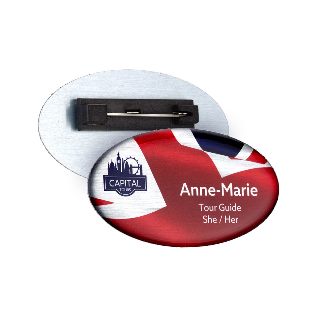 Aluminium Name Badge 64mm x 34mm Oval Domed
