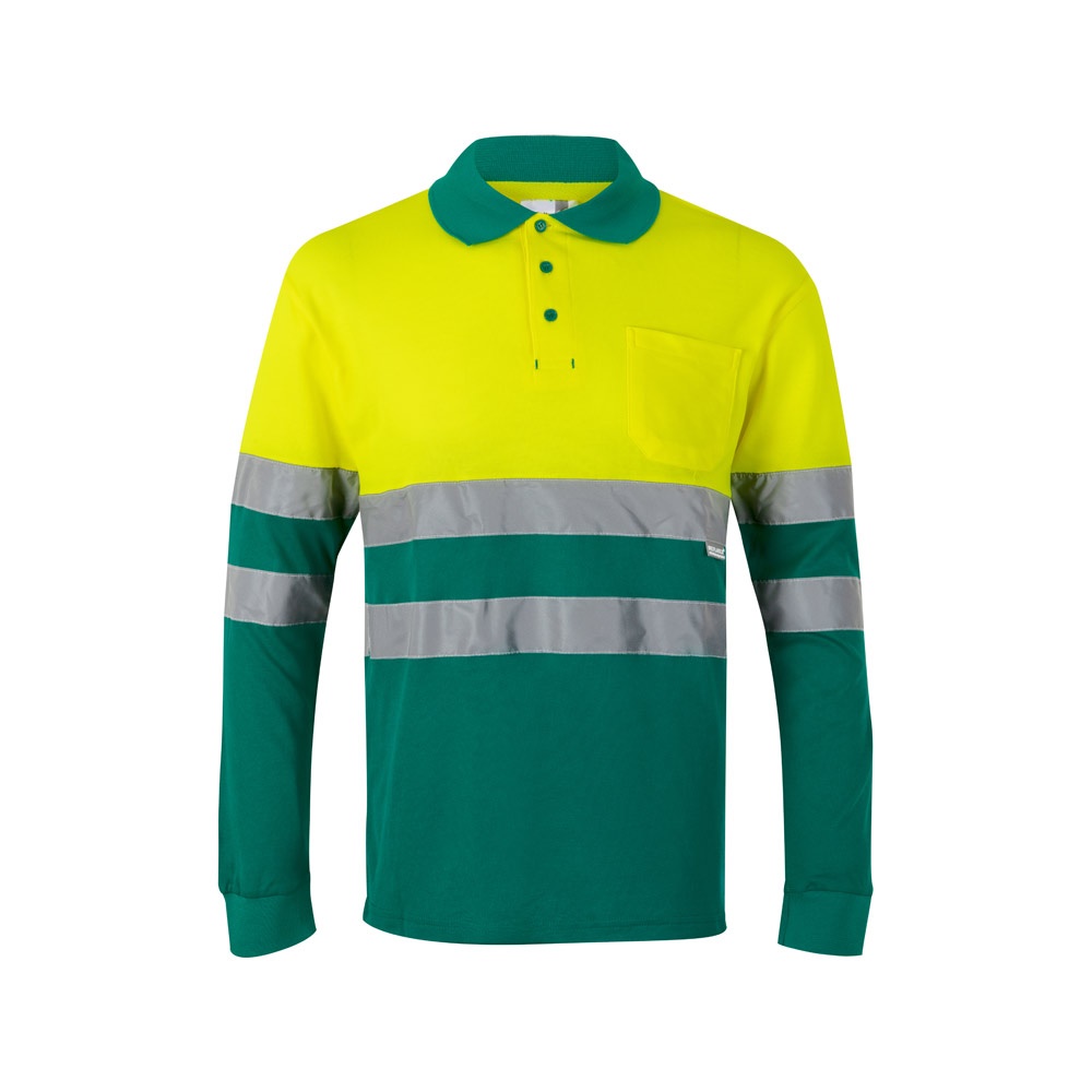 VL PLUTO. Two-tone piqué polo shirt (150g/m²) with long sleeves, in cotton (55%) and polyester (45%)