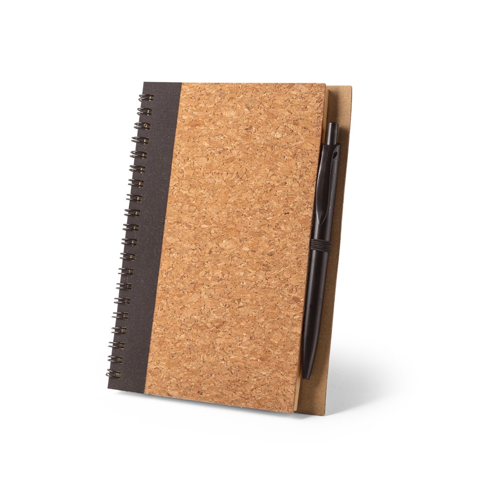 VICENTE. B6 notebook in cork and recycled polyester (100% rPET) with ballpoint pen