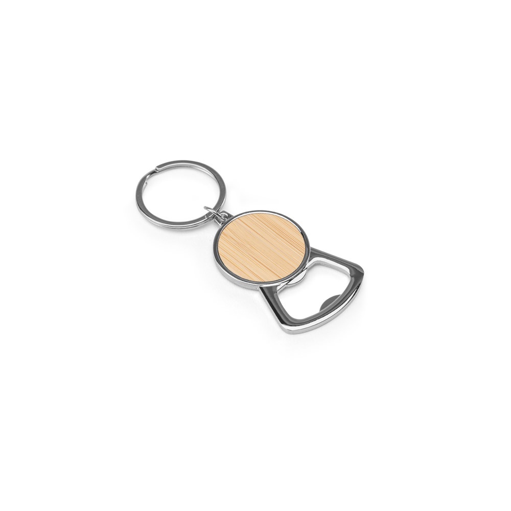 MEEKO. Iron keychain with a round shape in zinc and bamboo