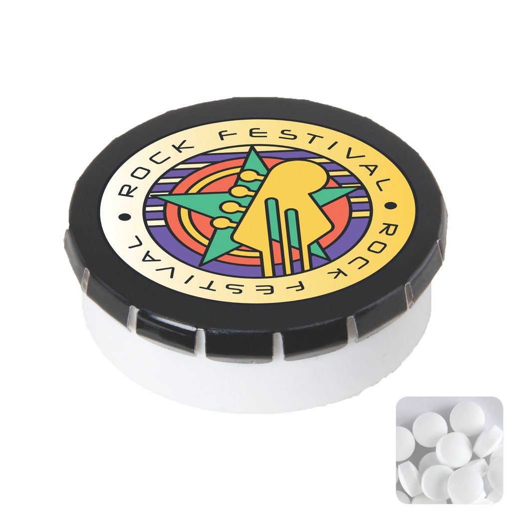 Round plastic pot with metal lid and sugar free mints