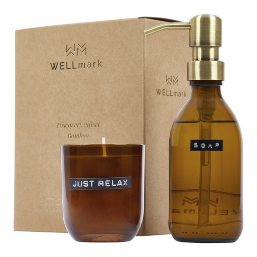 [12630811] Wellmark Discovery 200 ml hand soap dispenser and 150 g scented candle set - bamboo fragrance