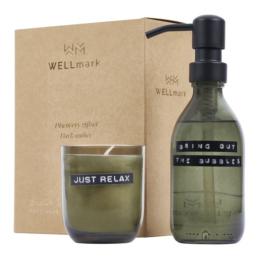 [12631164] Wellmark Discovery 200 ml hand soap dispenser and 150 g scented candle set - dark amber fragrance