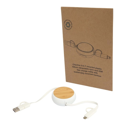 Chechia 5-in-1 recycled plastic 100 cm retractable data sync and 45W fast charge cable