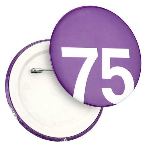 [AM-BB75A] 75mm Button Badge with Recycled Plastic Back - Pin Aligned Horizontally to Artwork